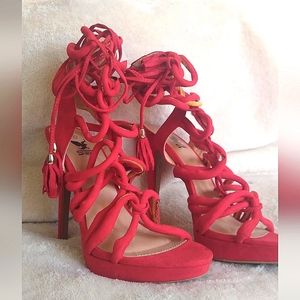 Shlekh Red Suede Ankle Strap Heels